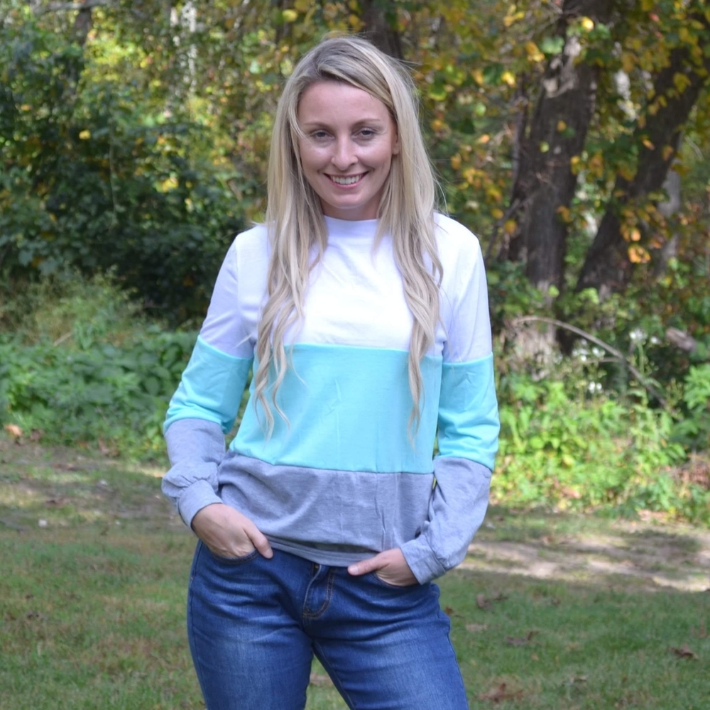 Trendy Colorblock Long Sleeve Tee - White, Blue, Gray